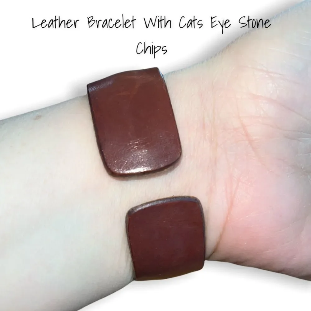 Leather Cuff Bracelet With Tigers Eye Chips Center